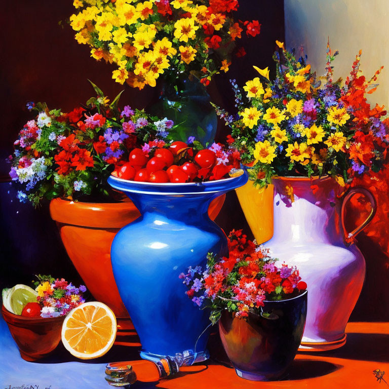 Colorful Still Life Painting with Blue Vase and Fruit Bouquet