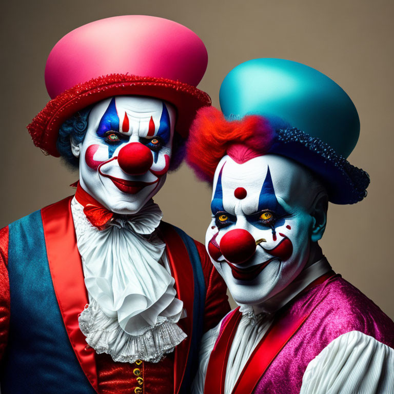 Colorful makeup clowns in bright costumes and tall hats together.