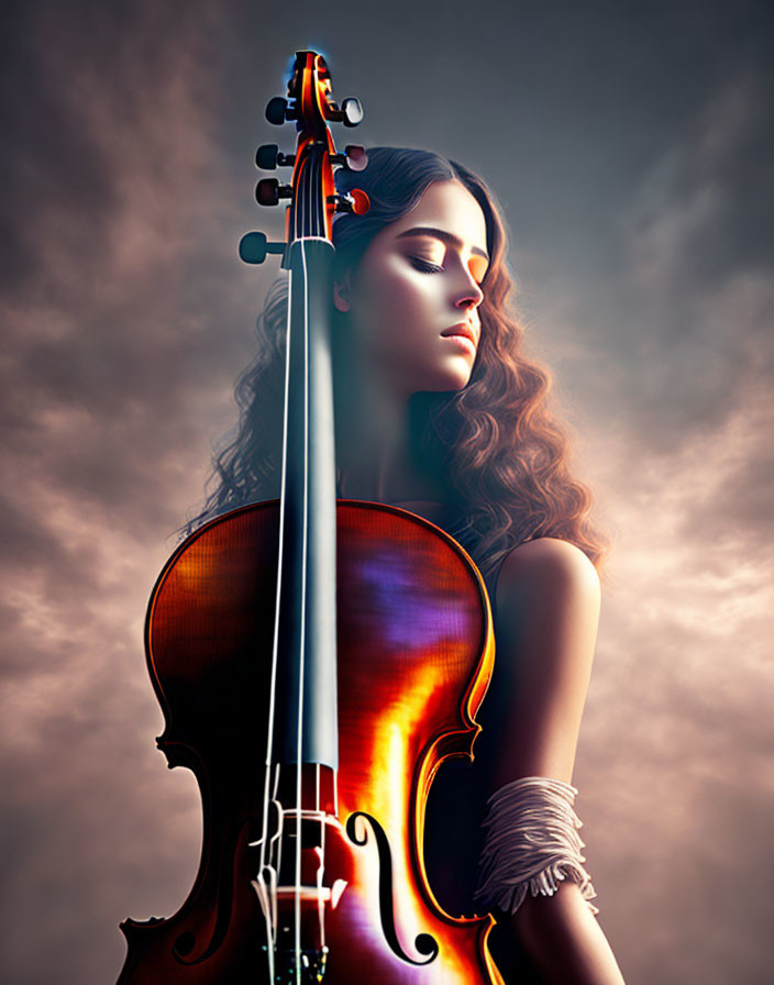 Woman blending with violin against moody sky portrait.