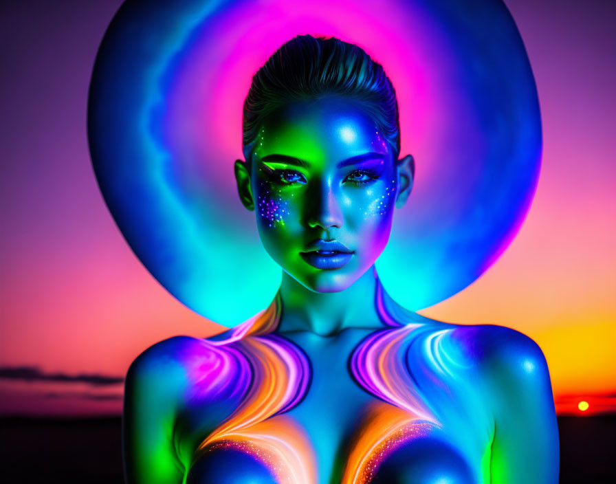 Colorful portrait with neon body paint on vibrant backdrop