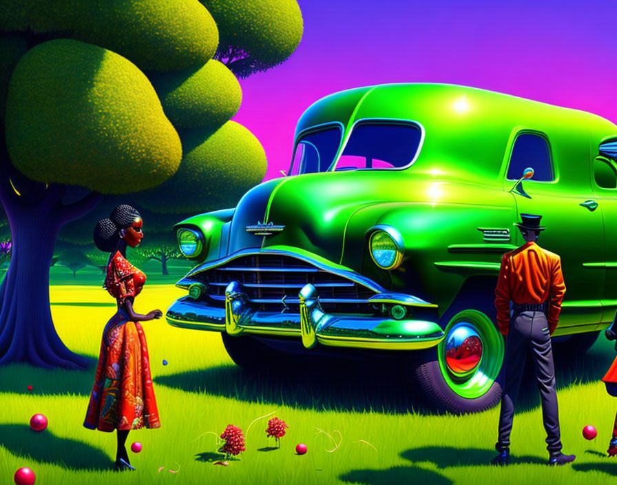 Colorful African attire couple near classic car in vibrant illustration