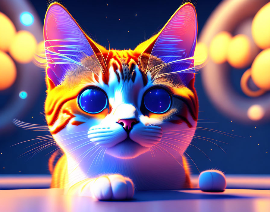 Vibrant digital artwork: Orange and white cat, blue eyes, orbs on blue background