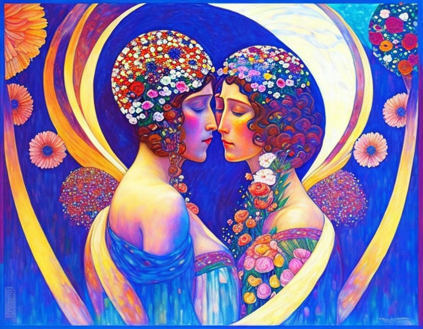 Stylized figures with ornate floral hair embrace against blue and gold backdrop