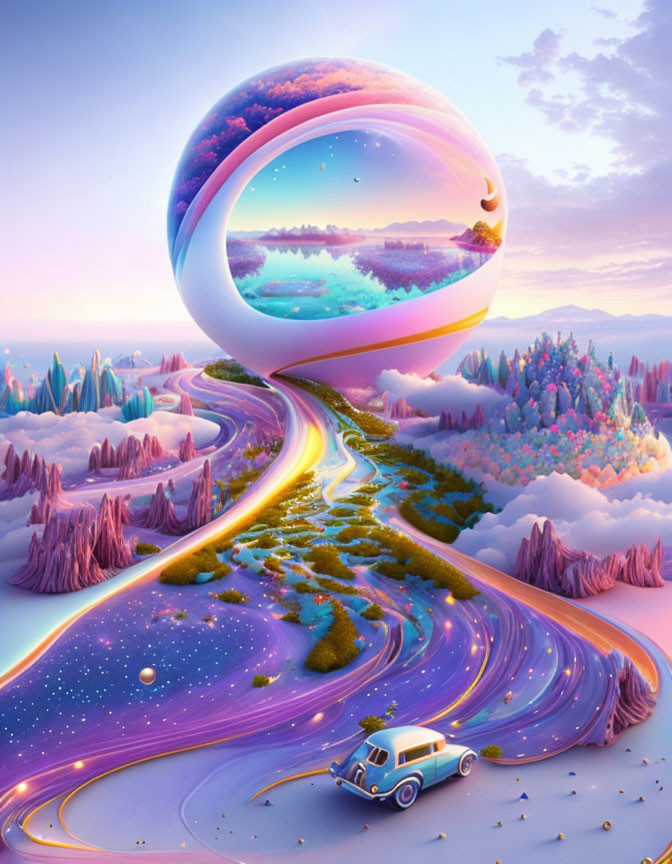 Whimsical landscape with floating orb, diverse ecosystems, glowing path, vibrant flora, vintage car journey