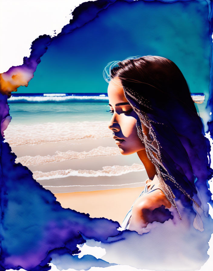 Woman with Braided Hair in Profile Against Abstract Beach Backdrop