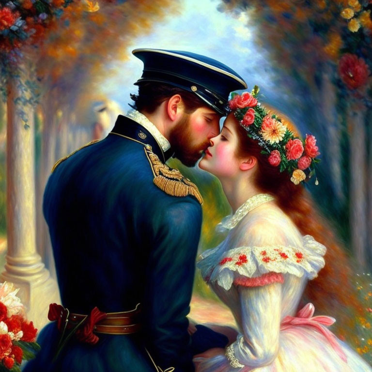 Navy uniform man kisses woman with flower crown in autumn scene