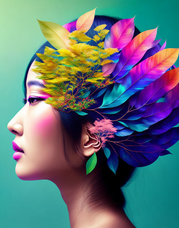 Woman with Vibrant Feathers and Leaves in Hair on Teal Background