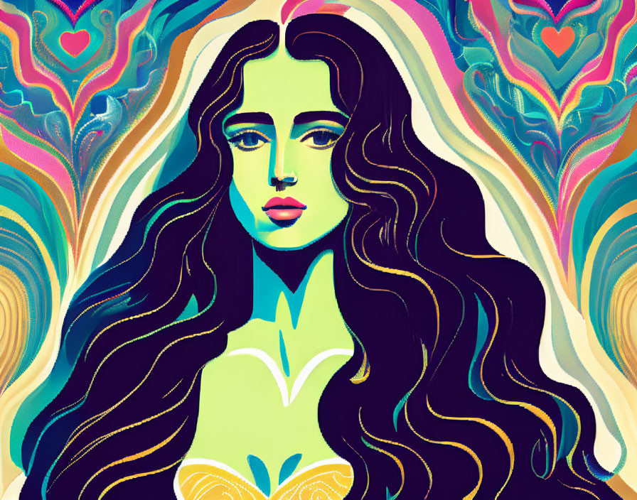 Vibrant abstract illustration of woman with flowing hair and heart motifs