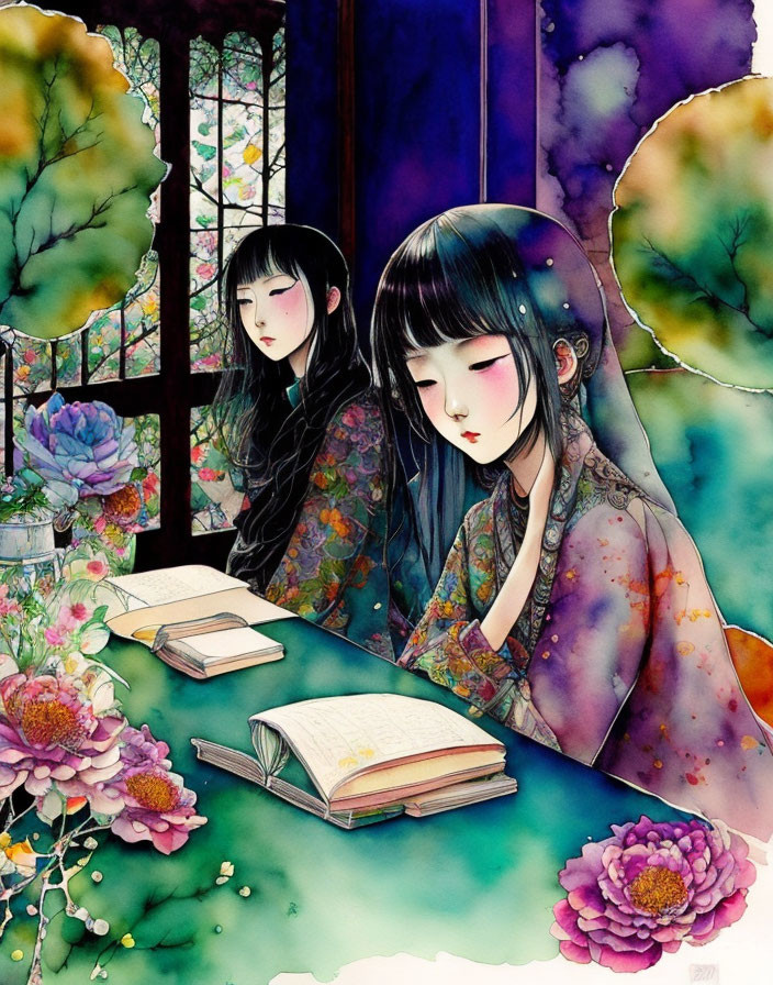 Illustrated girls in traditional attire with open book and blooming flowers.