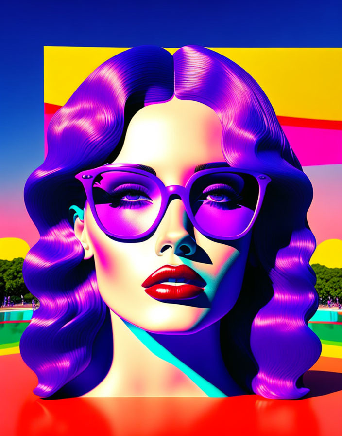 Colorful digital artwork: Woman with purple hair and glasses on abstract background