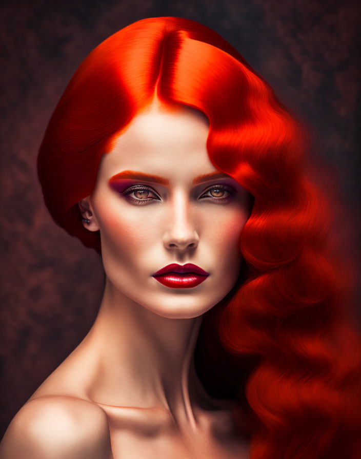 Vibrant red hair woman with bold makeup on dark background