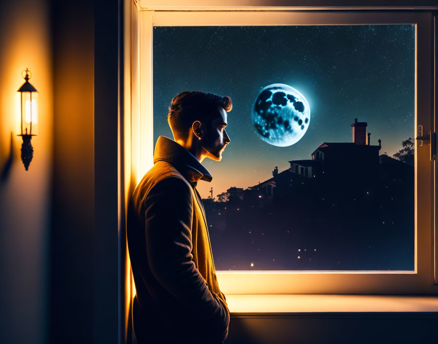 Silhouette of person by window with full moon and starry sky