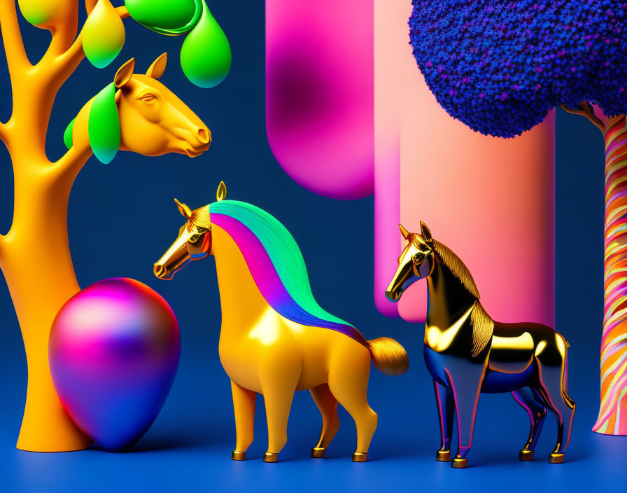 Vibrant surreal artwork: colorful horses, rainbow mane, metallic, whimsical trees, reflective sphere