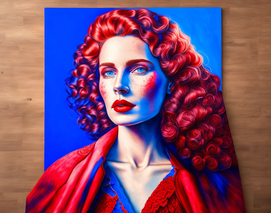 Colorful portrait of woman with red curly hair and blue skin on wooden floor