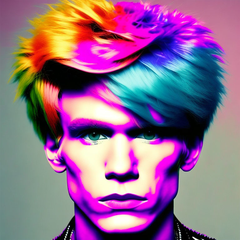 Vibrant neon hair portrait in yellow, orange, blue, and pink on gray background