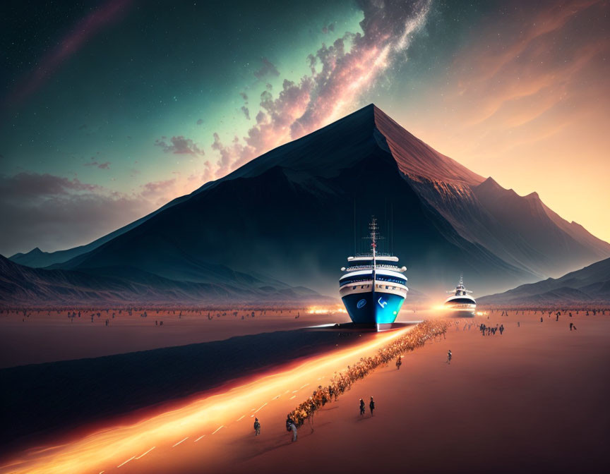 Surreal desert landscape with stranded ships, mountain, and twilight sky