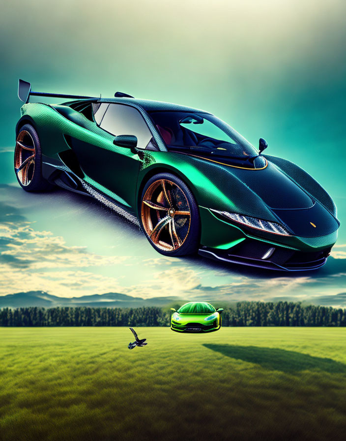 Green Sports Car with Rear Spoiler Parked on Grass Field under Vibrant Sky