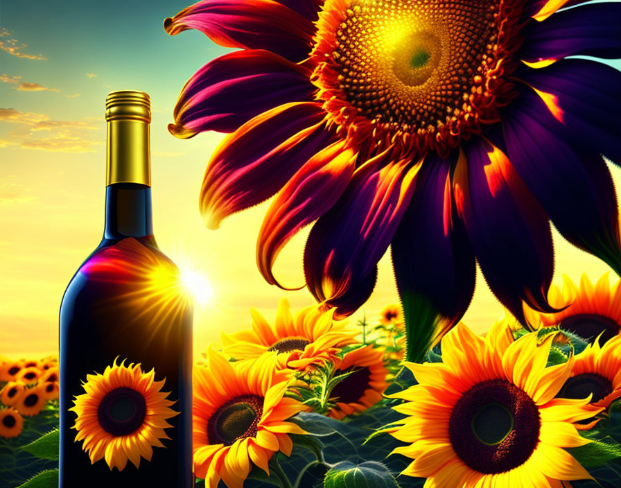 Sunflowers and wine bottle against vibrant sunset