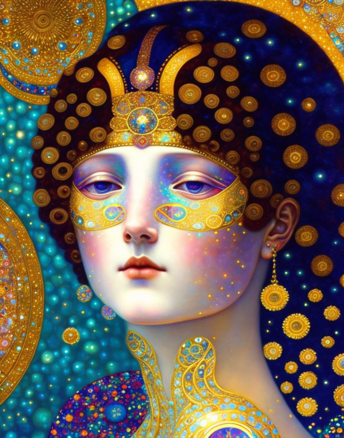 Stylized female figure with gold mask and celestial motifs on starry blue backdrop