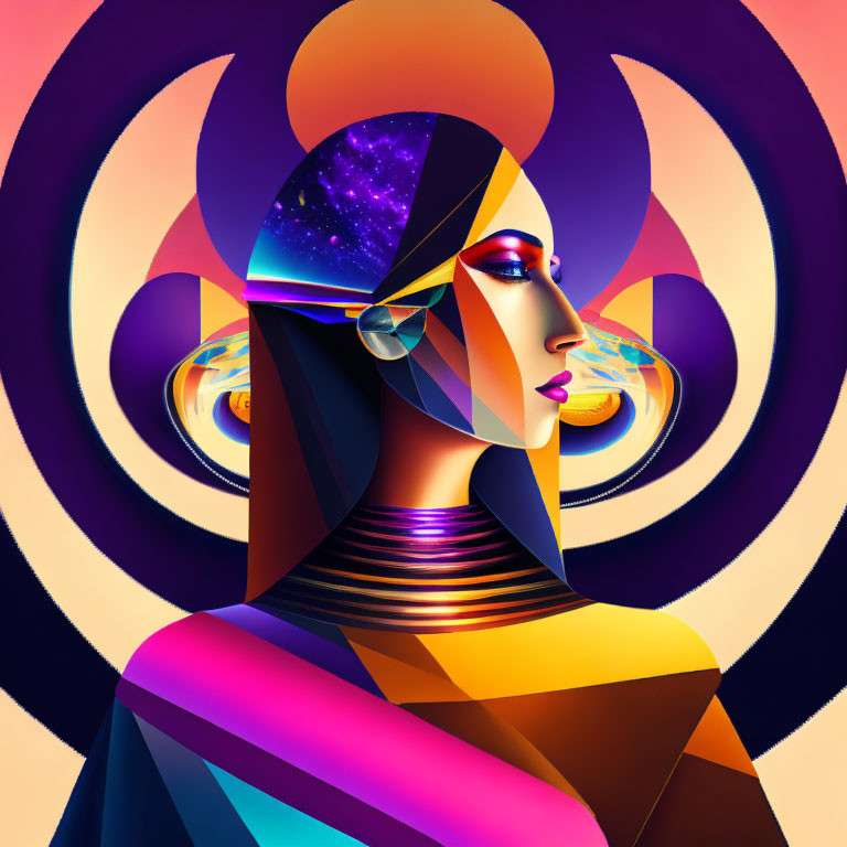 Futuristic cosmic portrait of woman with galaxy head and vibrant colors