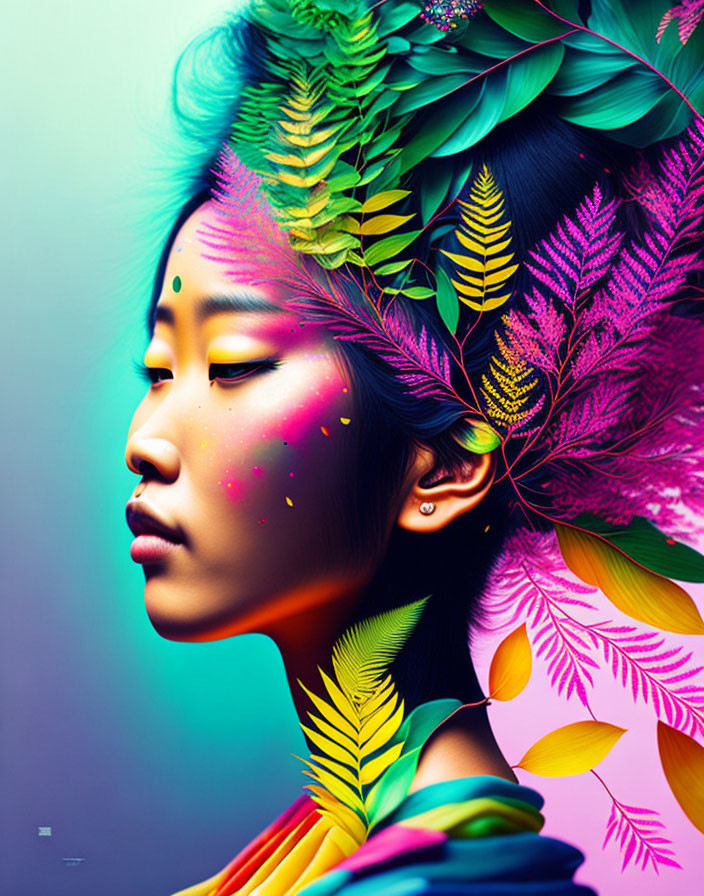 Colorful Woman Portrait with Feathers, Leaves, and Paint Splashes