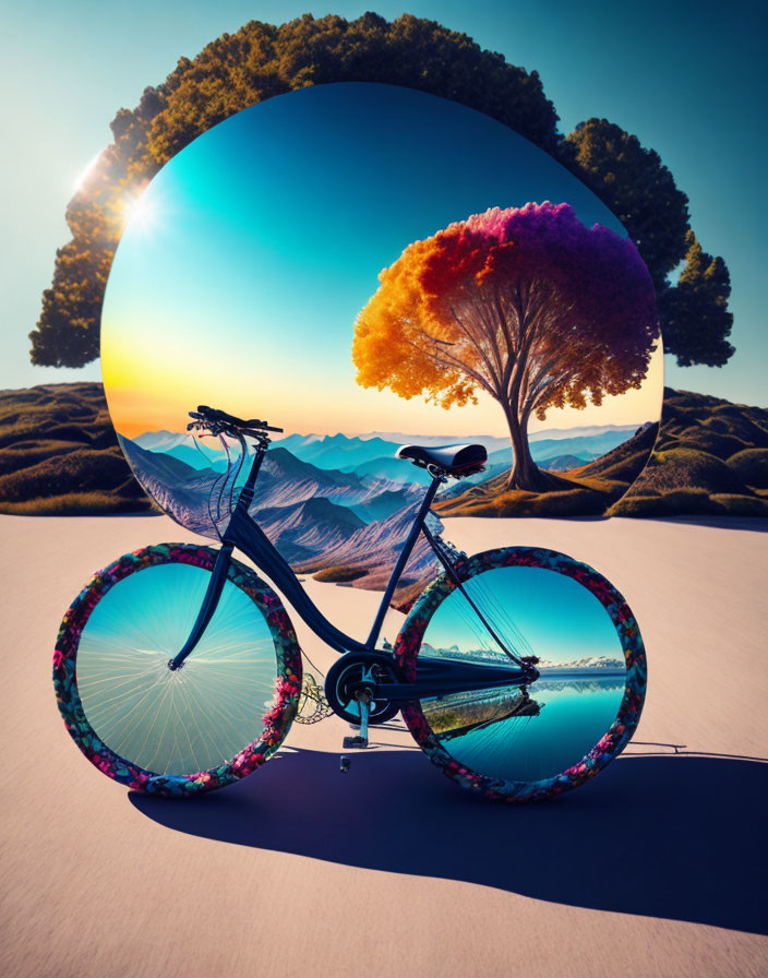 Colorful Bicycle with Patterned Wheels by Circular Portal Showing Tree