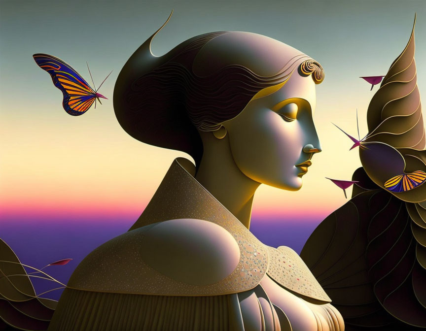 Stylized woman's profile with butterflies and leaves in art deco style