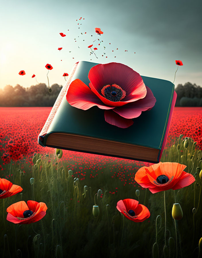 Red Poppy Blooms in Open Book Among Field of Poppies