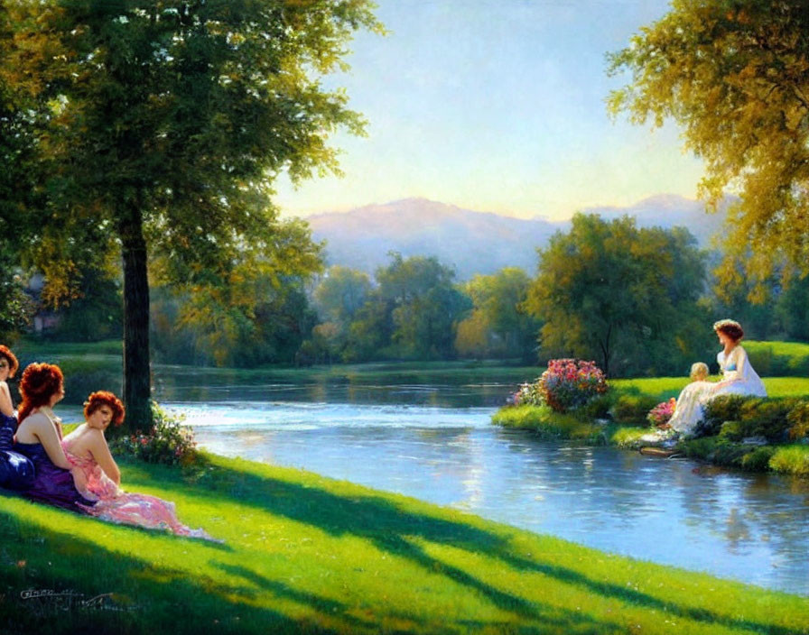 Tranquil river landscape with women in vintage attire and lush scenery