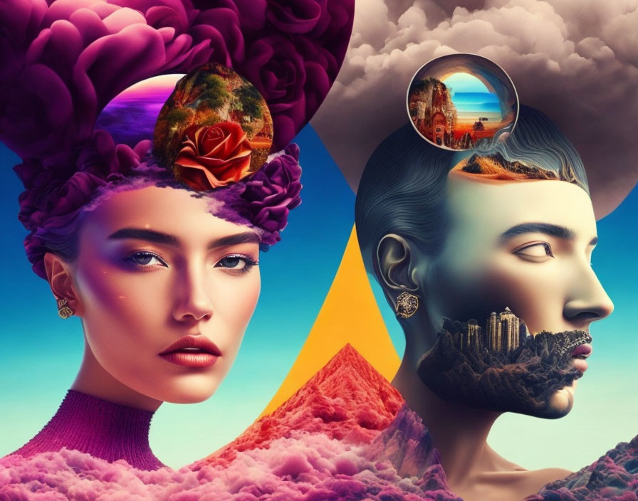 Surreal portrait featuring woman and man's faces divided by yellow triangle