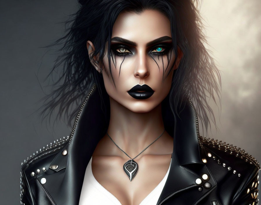 Digital artwork: Woman with green eyes, dark makeup, black hair, leather jacket, heart pendant