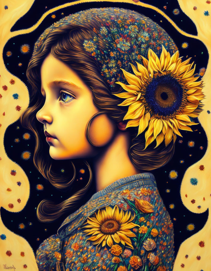 Stylized portrait of young girl in flower-patterned attire against cosmic backdrop