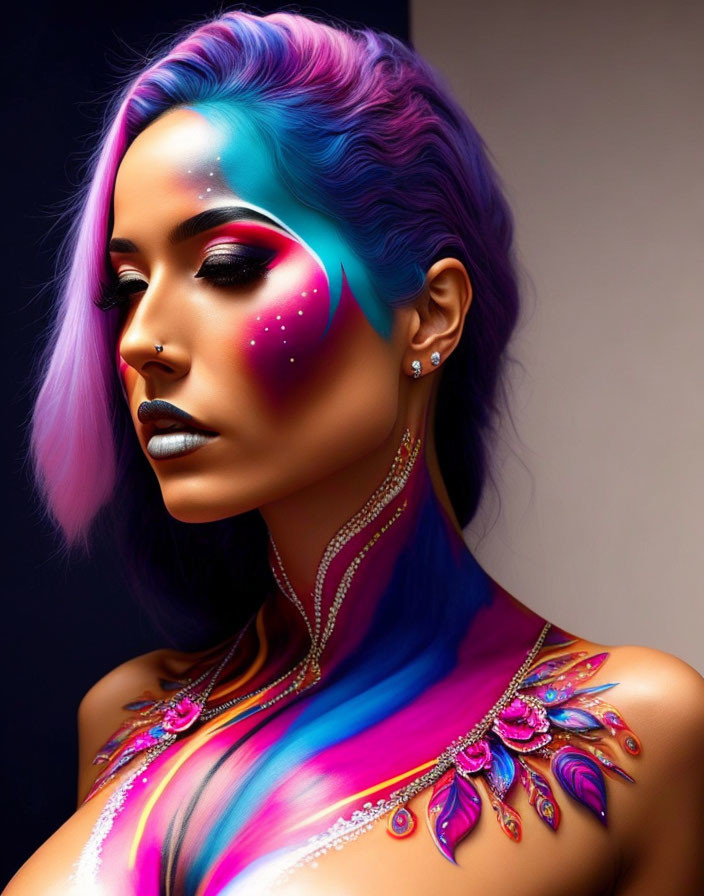 Multicolored Hair and Cosmic Floral Body Art Displayed