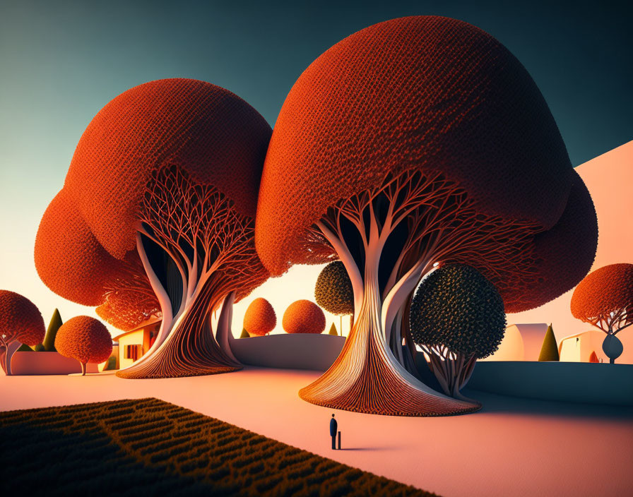 Surreal landscape with oversized stylized trees, person, and warm gradient sky