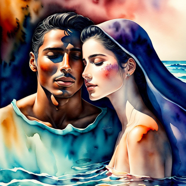 Vibrant embrace of man and woman against water and fiery backdrop