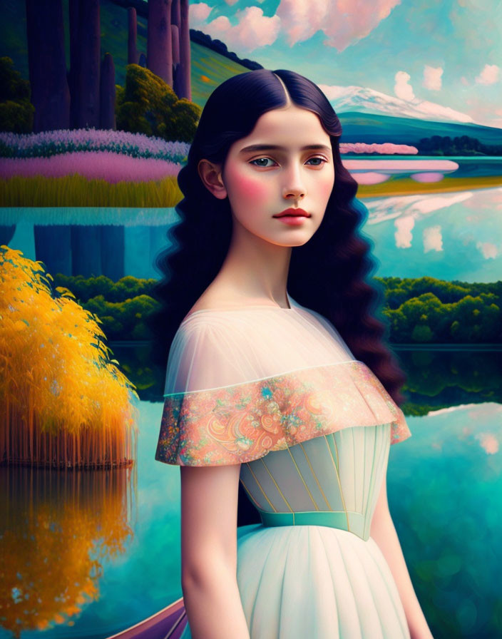 Dark-haired woman in surreal landscape with vibrant colors and serene lake