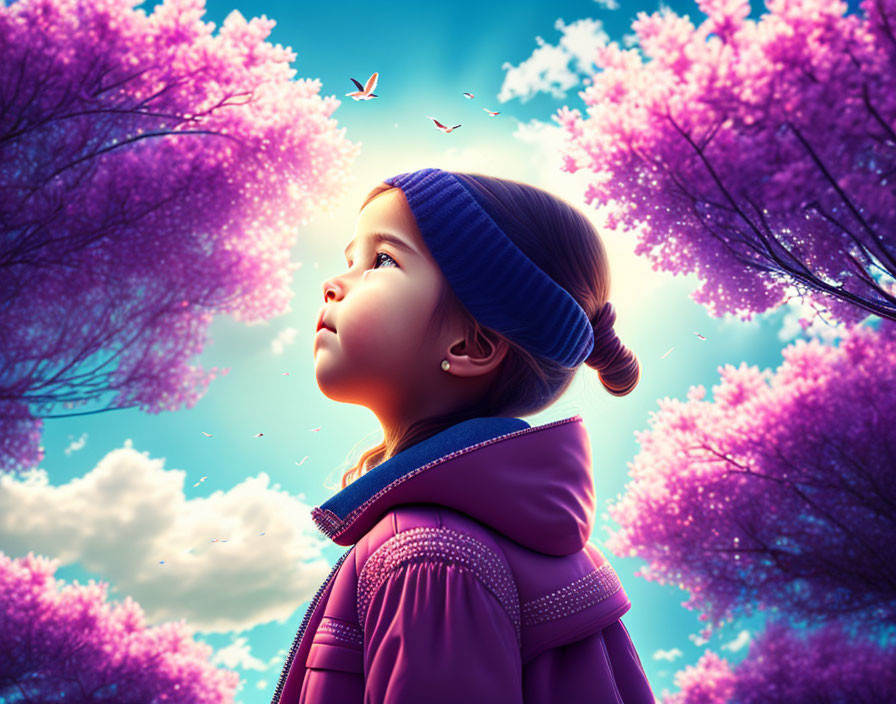 Young girl in purple jacket gazes at pink cherry blossoms and birds