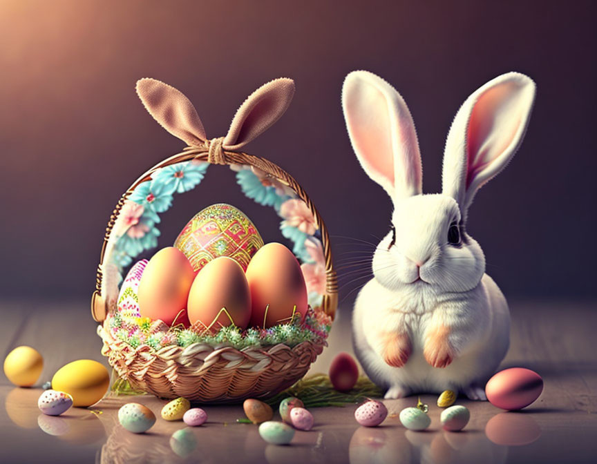 White Rabbit Next to Colorful Easter Eggs and Candy on Wooden Surface