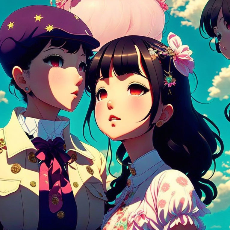 Stylized female anime characters with large eyes and colorful outfits under a blue sky.