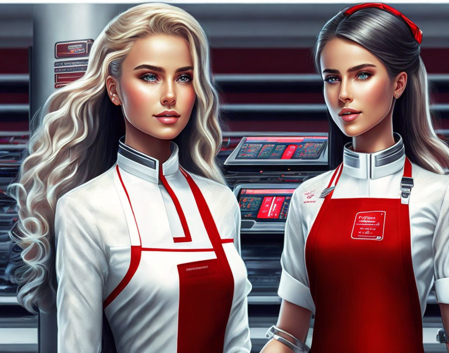 Futuristic red and white uniforms on two women at high-tech control panel