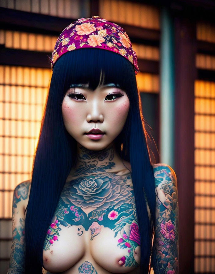 Woman with Floral Hat and Tattoos Standing by Wooden Window