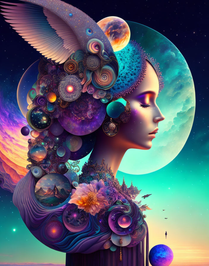 Profile View Woman Illustration with Cosmic Hair and Moon Background