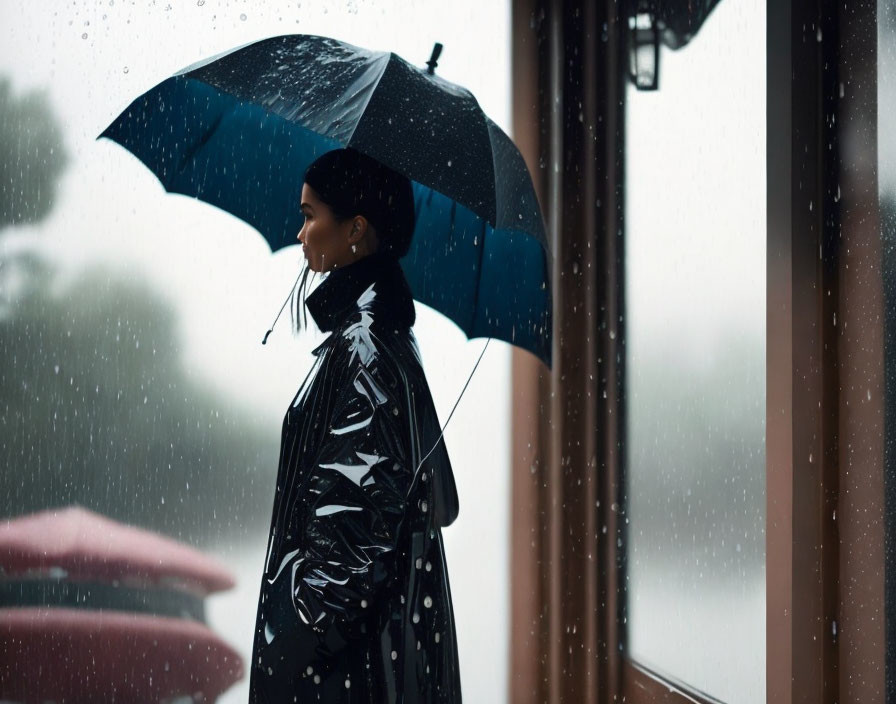 Person under umbrella on rainy day near window with droplets, wearing black jacket