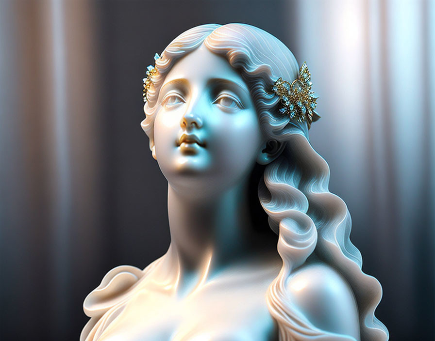 Digital art: Classical bust with turquoise to peach gradient, detailed hair, and gold leaf accessory.