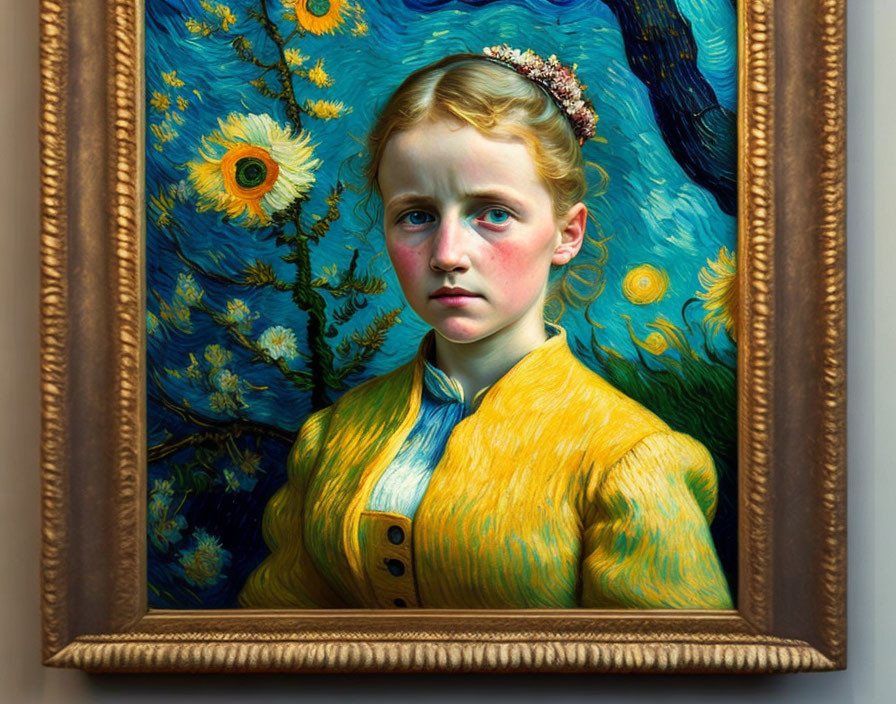 3D-style painting: Young girl with blond hair in front of starry night background in gold frame