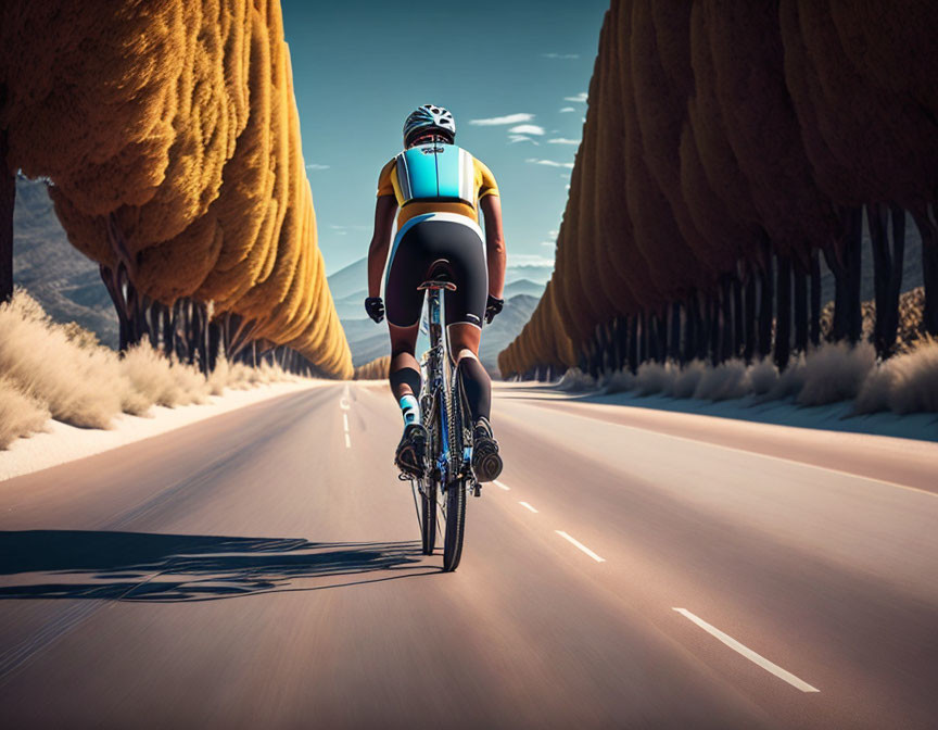 Cyclist in Blue and Yellow Jersey on Sunlit Road Among Tall Brown Trees