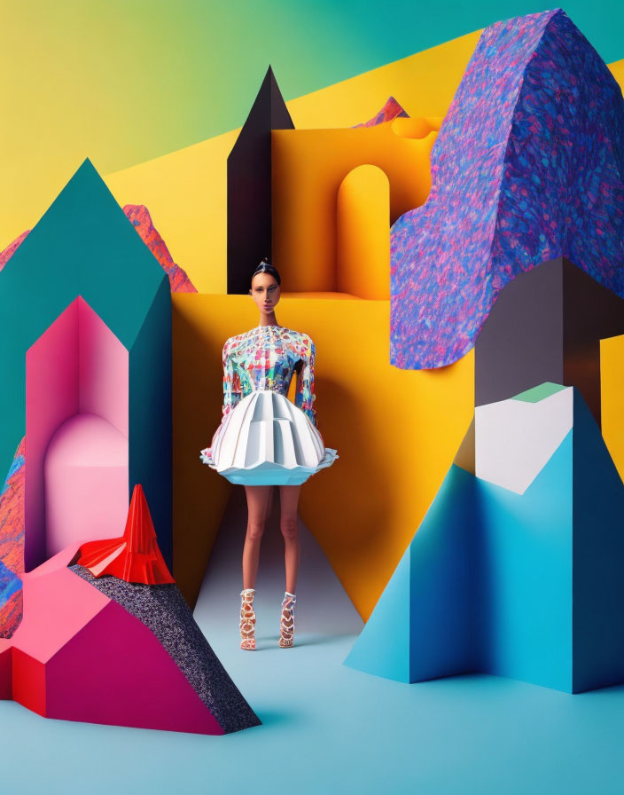 Colorful woman in structured outfit amid vibrant geometric shapes.