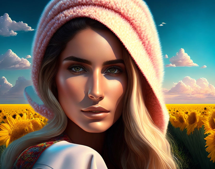 Digital portrait of woman with green eyes in headscarf in sunflower field