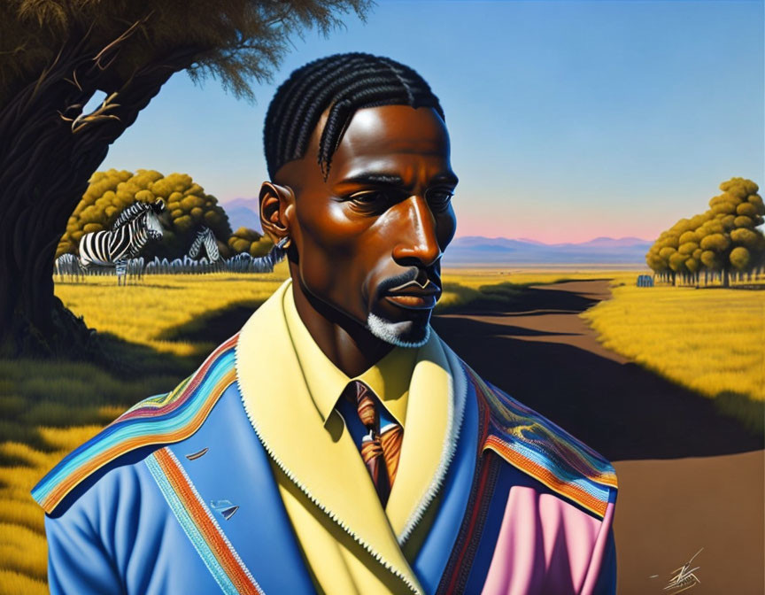 Colorful Portrait of Man with Braided Hair in African Savannah Setting