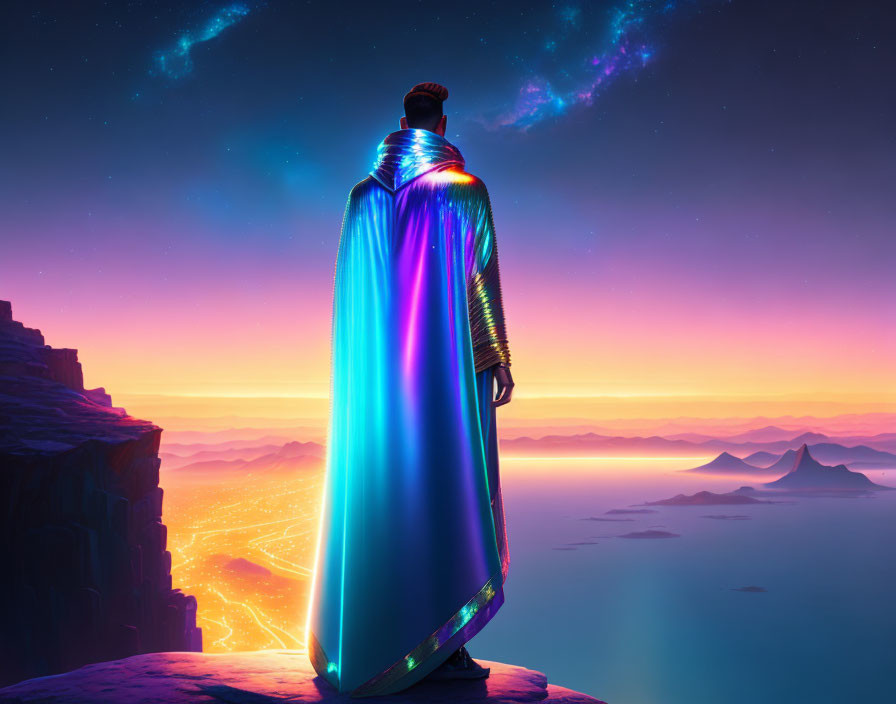 Person in Vibrant Cloak on Cliff Overlooking Neon-lit Landscape